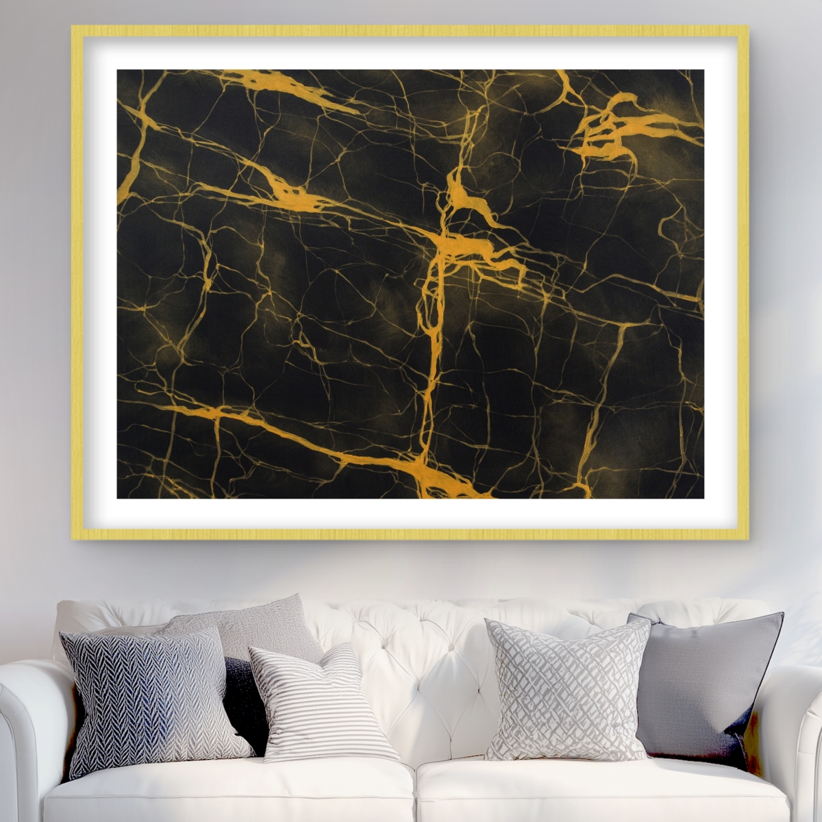 C1FM3648NG9E5V 36 x 48 in. Black & Gold Marble Texture - Yellow Pattern Framed Print