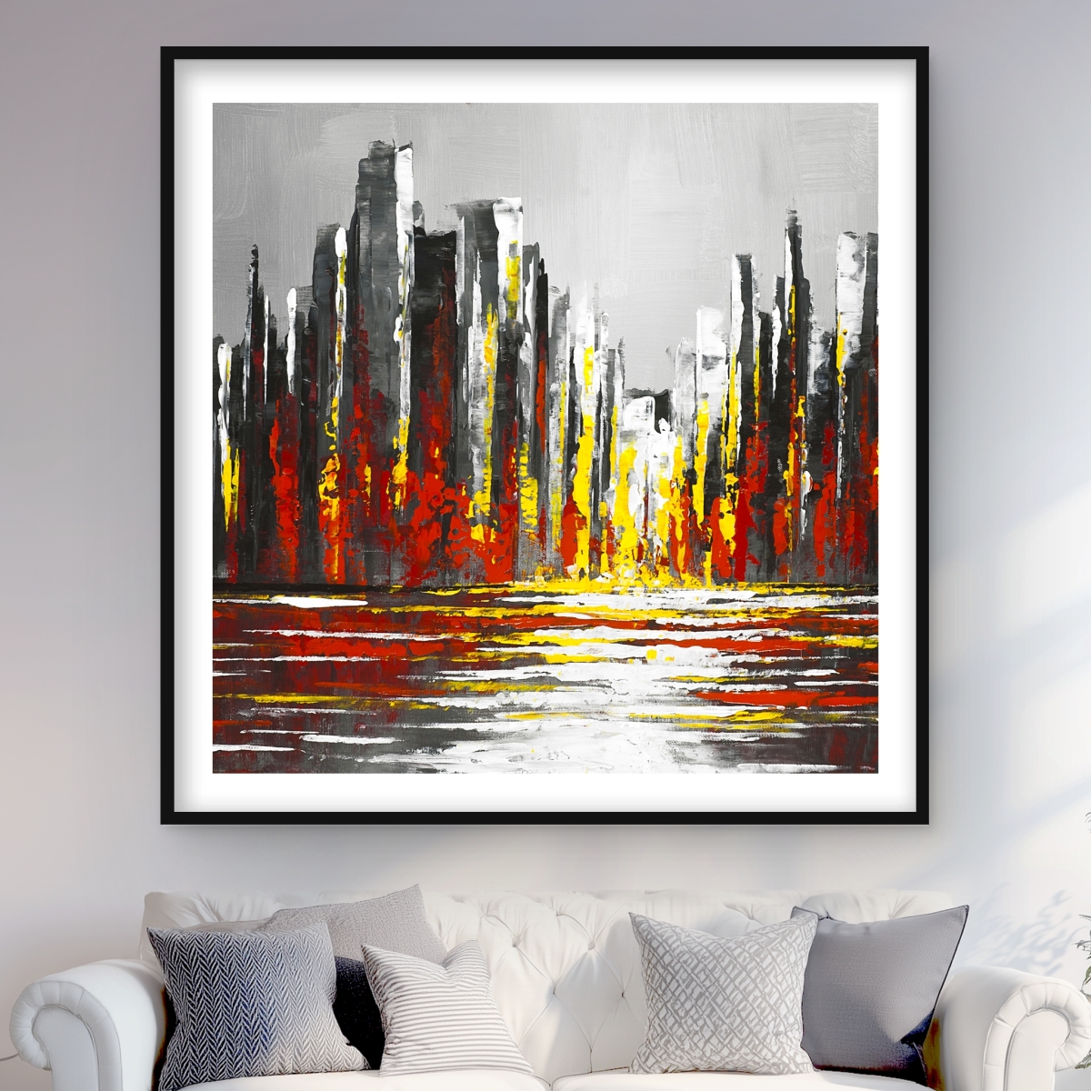 C1FM4848MQ2QB8 48 x 48 in. Abstract Red Skyline - Yellow Framed Matted Print for Decor