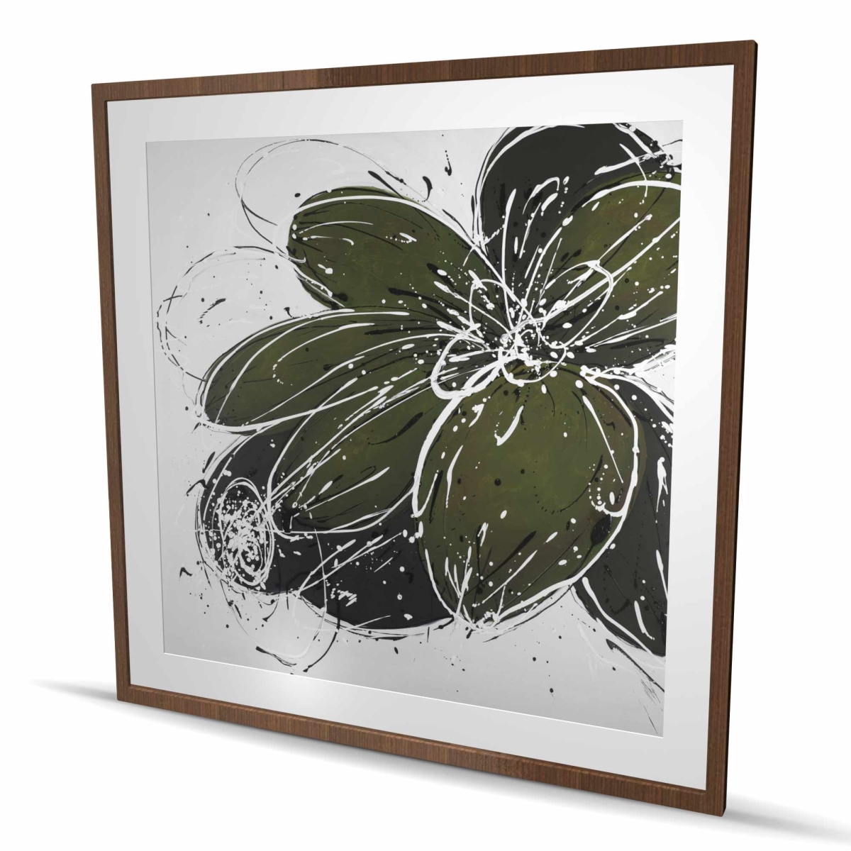 C1FM4848NUI9Q5 48 x 48 in. Green Flower with Splash Outline - White Floral Framed Print