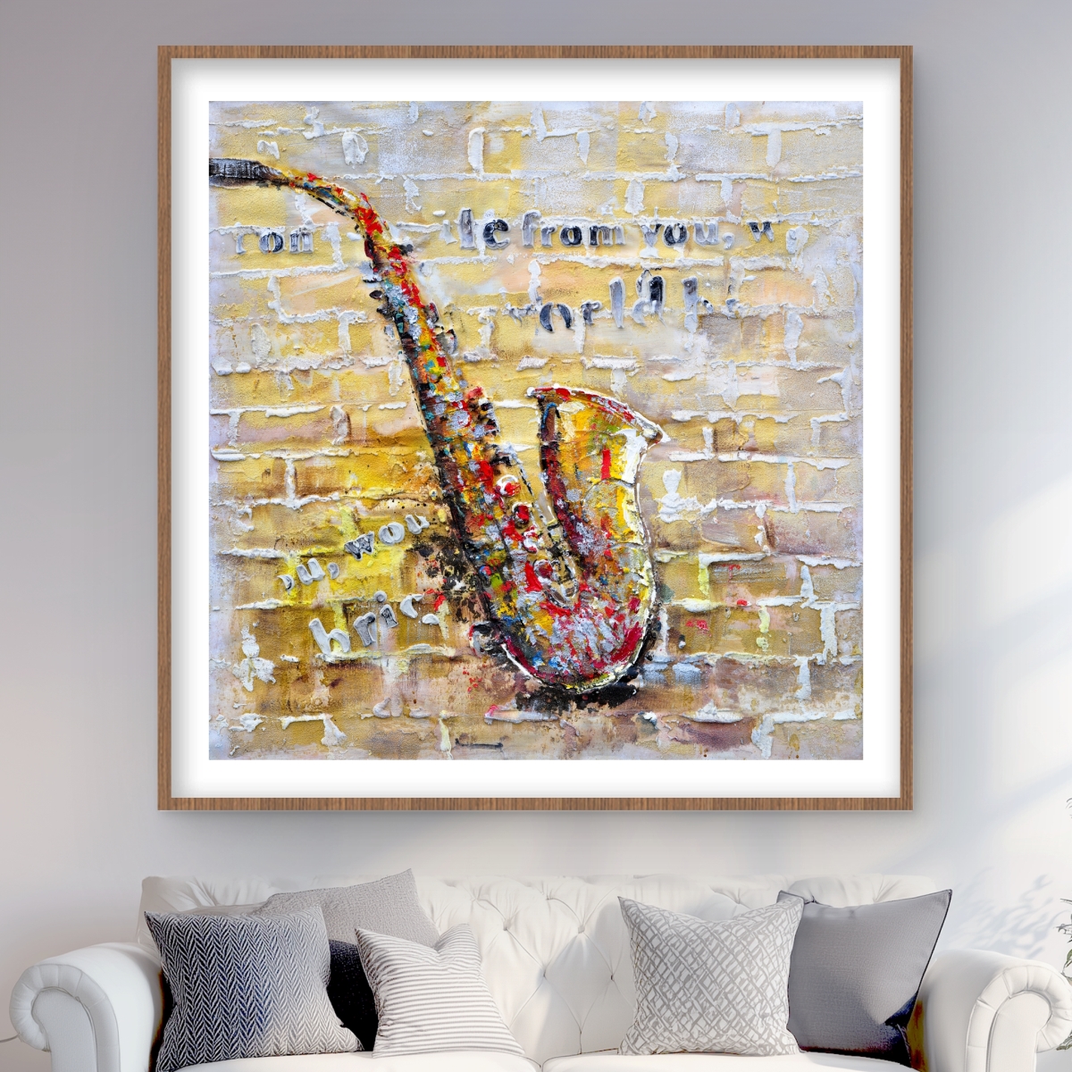 C1FM4848YXV9QT 48 x 48 in. Saxophone on Brick Wall - Framed Print for Man Cave Decor