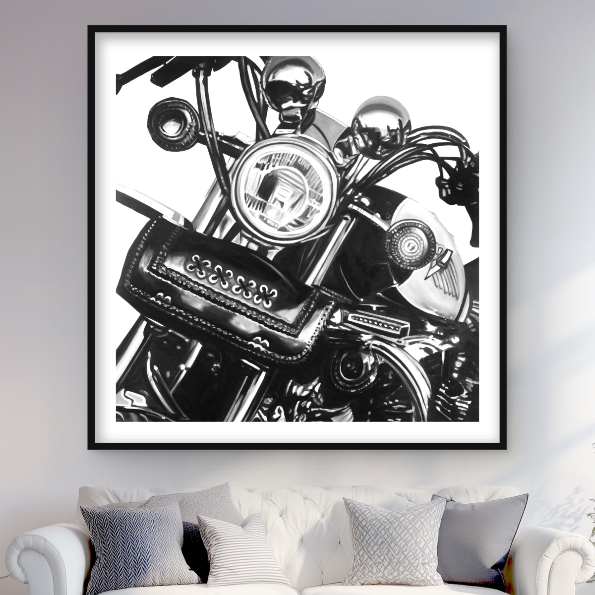 C1FM4848O43X92 48 x 48 in. Realistic Motorcycle - Black Hyperrealist Framed Print Decor