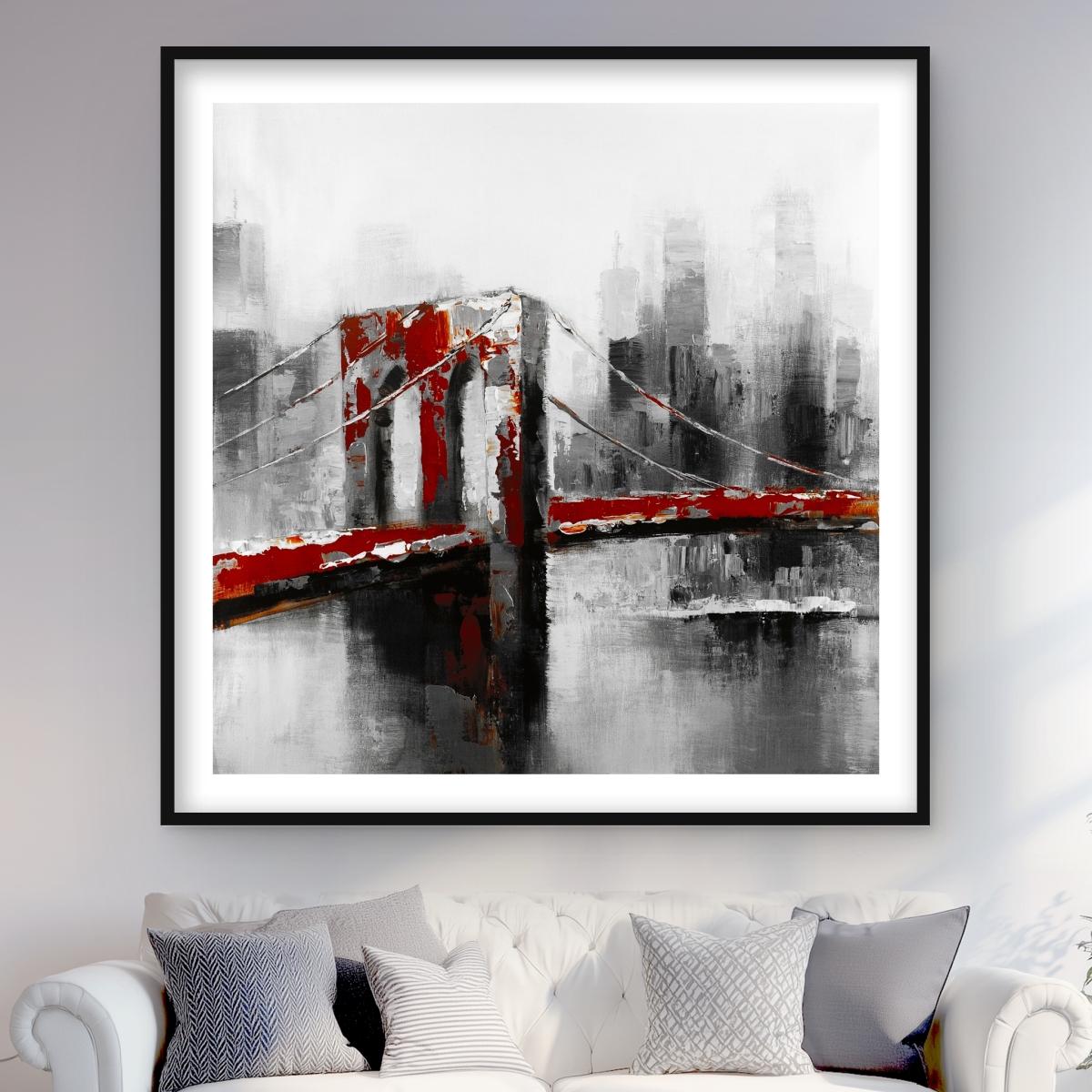 C1FM484821JQMQ 48 x 48 in. Abstract & Red Brooklyn Bridge - Framed Matted Print Decor