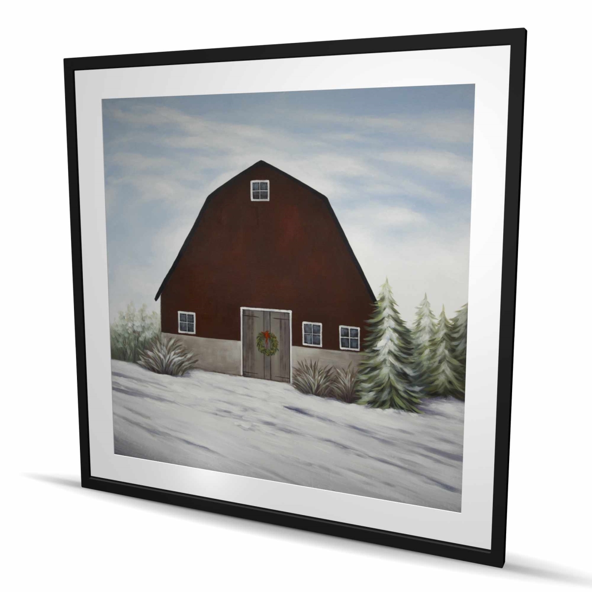 C1FM4848GYJYKI 48 x 48 in. Its Winter on the Farm - Red Bedroom Framed Print Decor