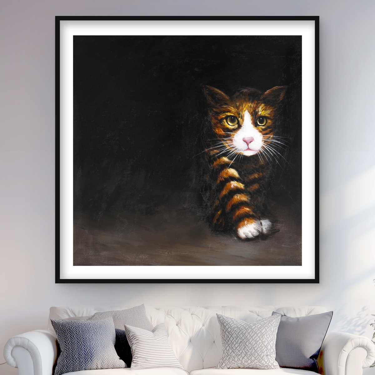 C1FM4848ZPPG6O 48 x 48 in. Discreet Cat - White Framed Matted Print for Home Decor