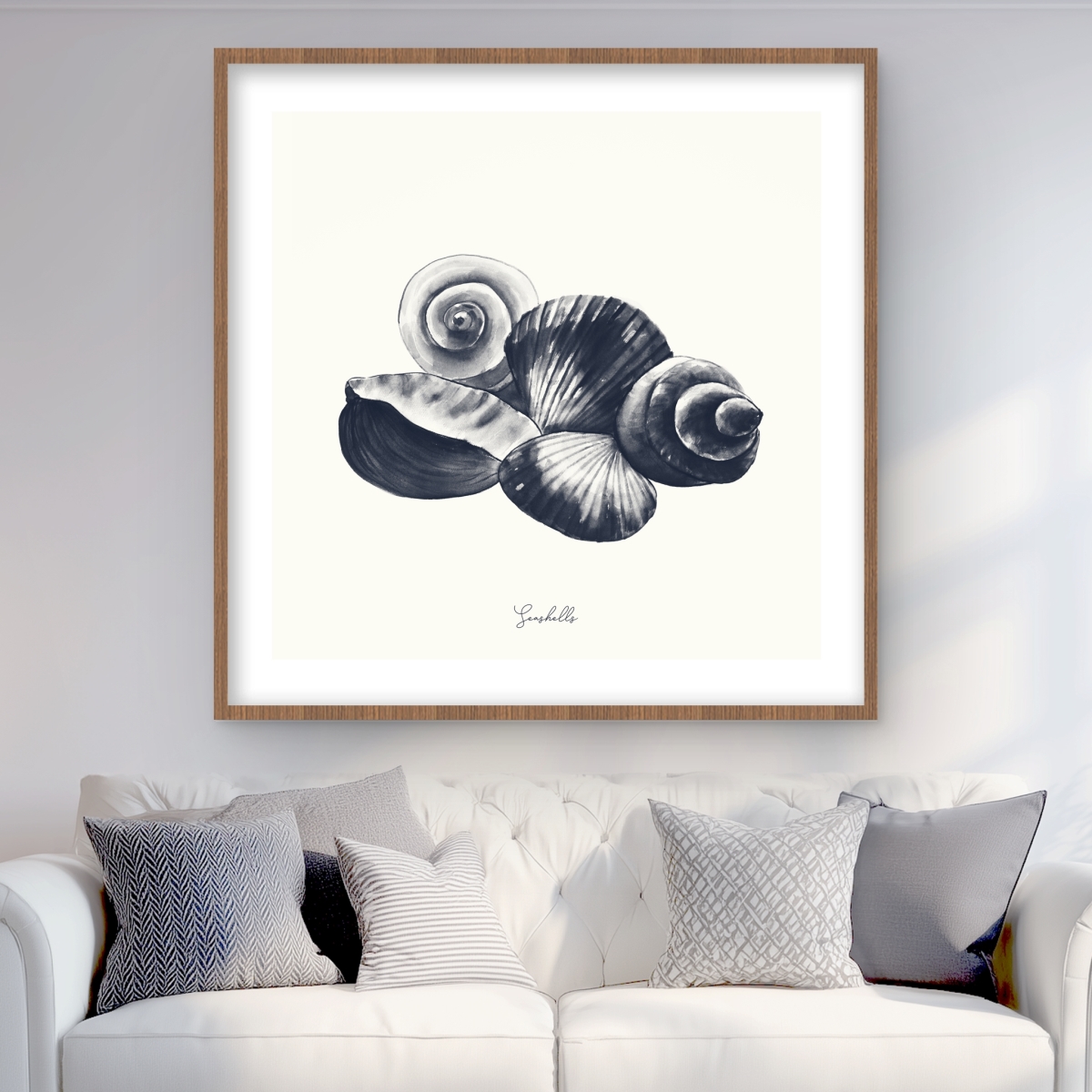 C1FM3636CLKKM8 36 x 36 in. Blue Seaside Shells - Marine Bathroom Framed Matted Print