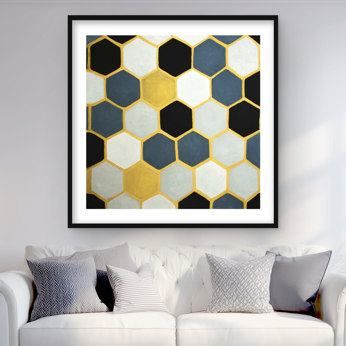 C1FM3636DBQKI6 36 x 36 in. Blue Cells - Gold Modern Framed Matted Print for Home Decor