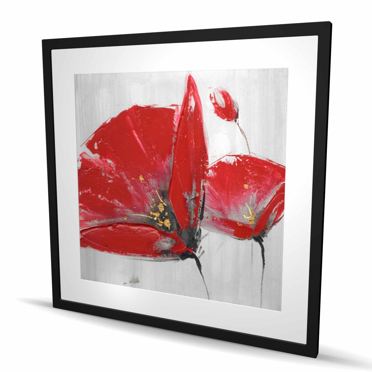 C1FM36367O8EA7 36 x 36 in. Three Red Flowers on Gray Background - Romantic Framed Print