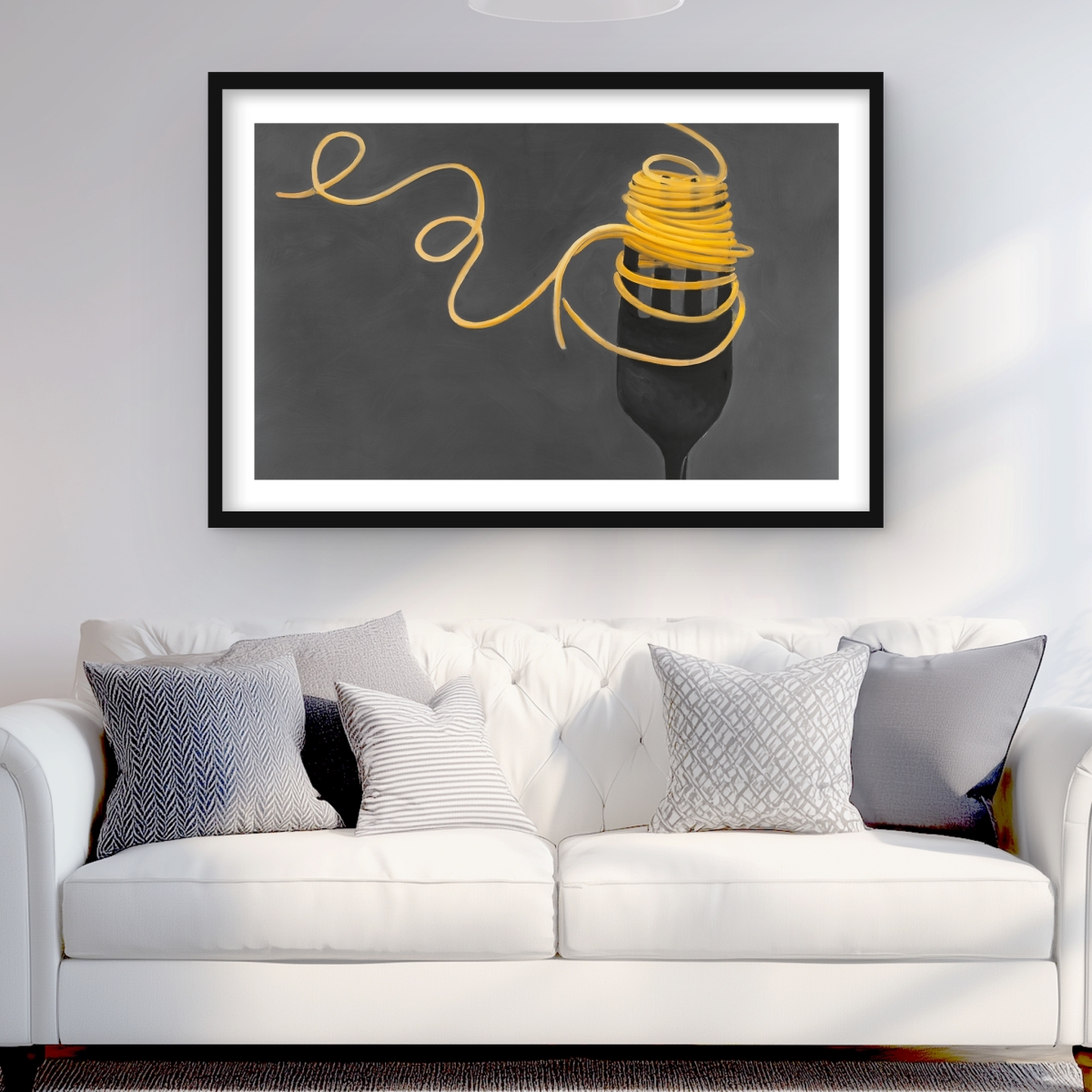 C1FM2436P5FR52 24 x 36 in. Spaghetti Pasta Around A Fork - Yellow Framed Matted Print