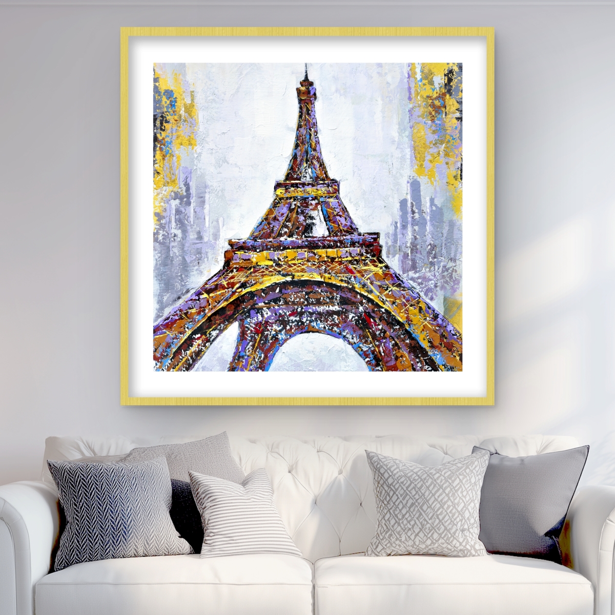 C1FM3636LJP44L 36 x 36 in. Abstract Paint Splash Eiffel Tower - Yellow Framed Print