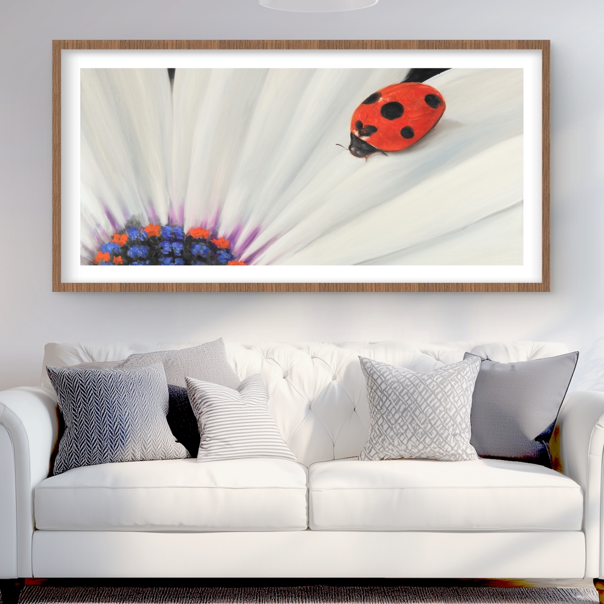 C1FM24488XNARE 24 x 48 in. White Daisy & Ladybug - Romantic Framed Print for Decor