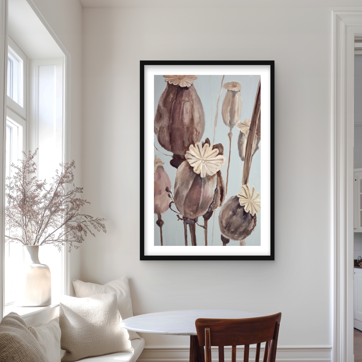 C1FM2436WJAUSS 24 x 36 in. Sepia Poppy Head Flowers - Framed Still Life Bedroom Print