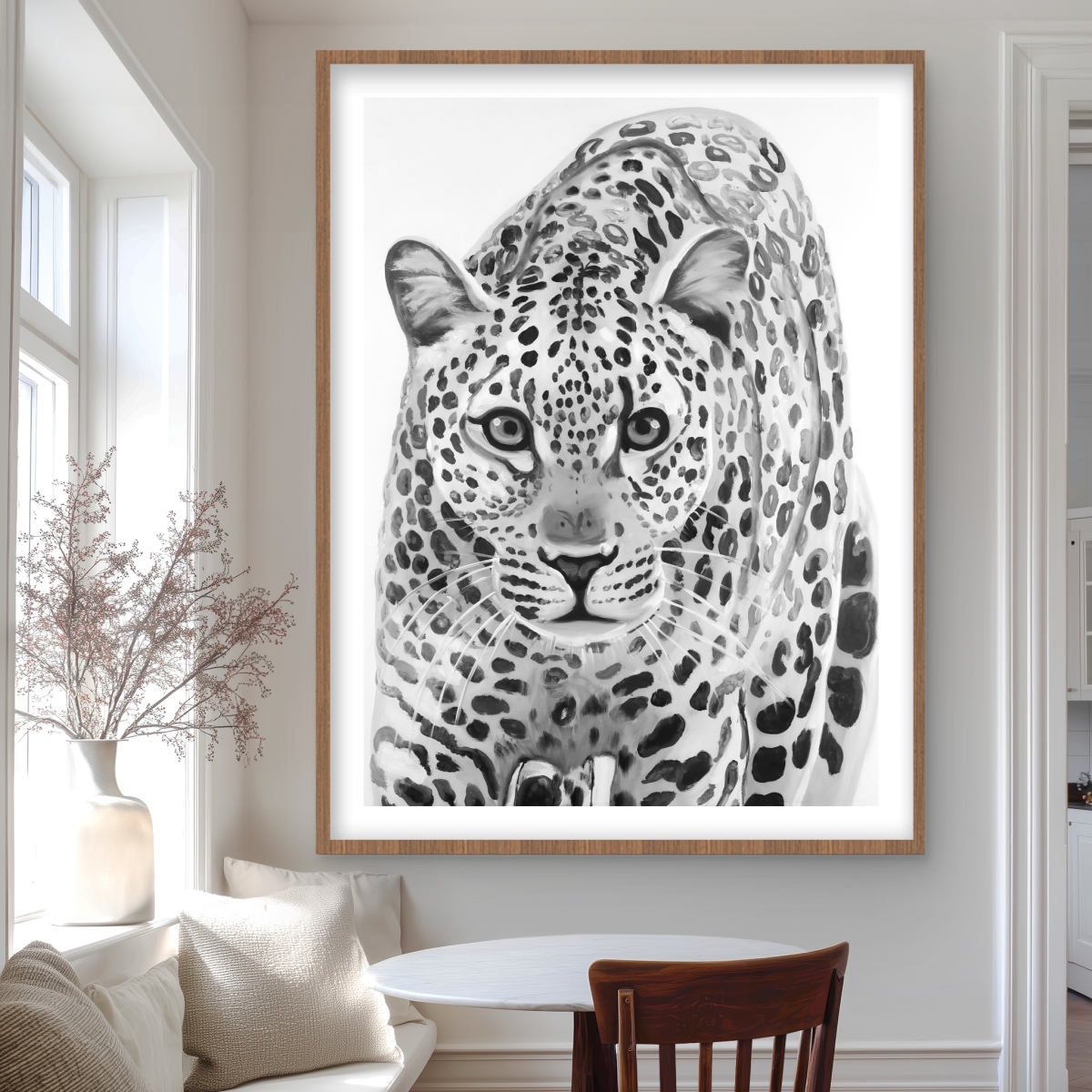 C1FM36488ZAKLB 36 x 48 in. Leopard Ready to Attack - White Animals Framed Print Decor