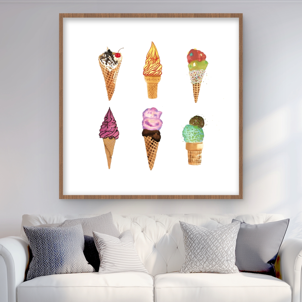 C1FM3636NIRP7F 36 x 36 in. Ice Cream Cones - Turquoise Illustrative Framed Print Decor