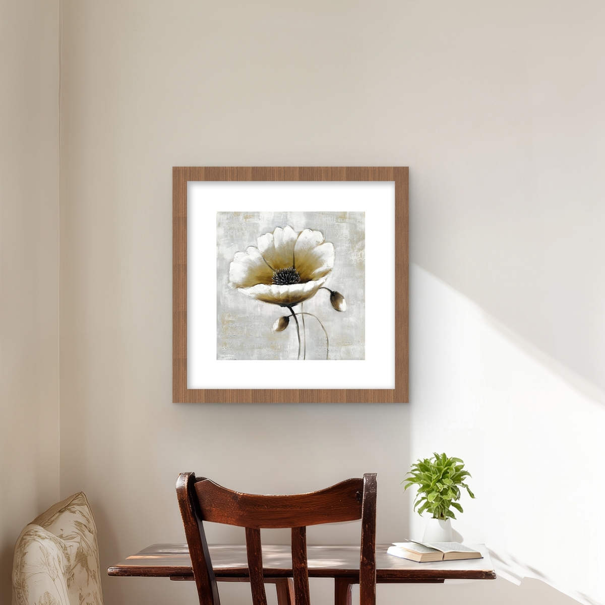 C1FM1616JZYKF4 16 x 16 in. Modern Beige Flower - Gray Framed Matted Print for Decor