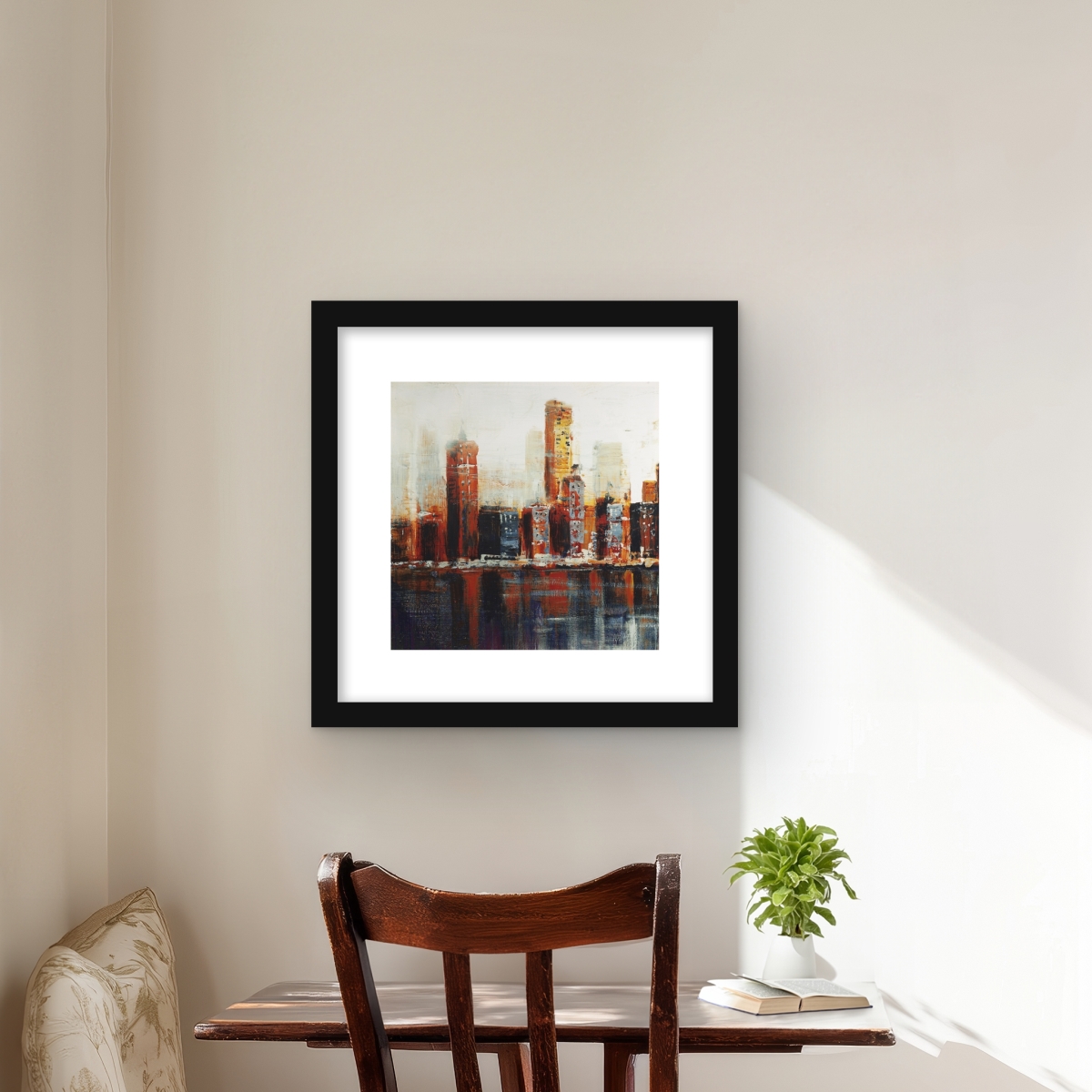 C1FM1616MDOTS2 16 x 16 in. Abstract Red Cityscape - Orange Cities Framed Matted Print