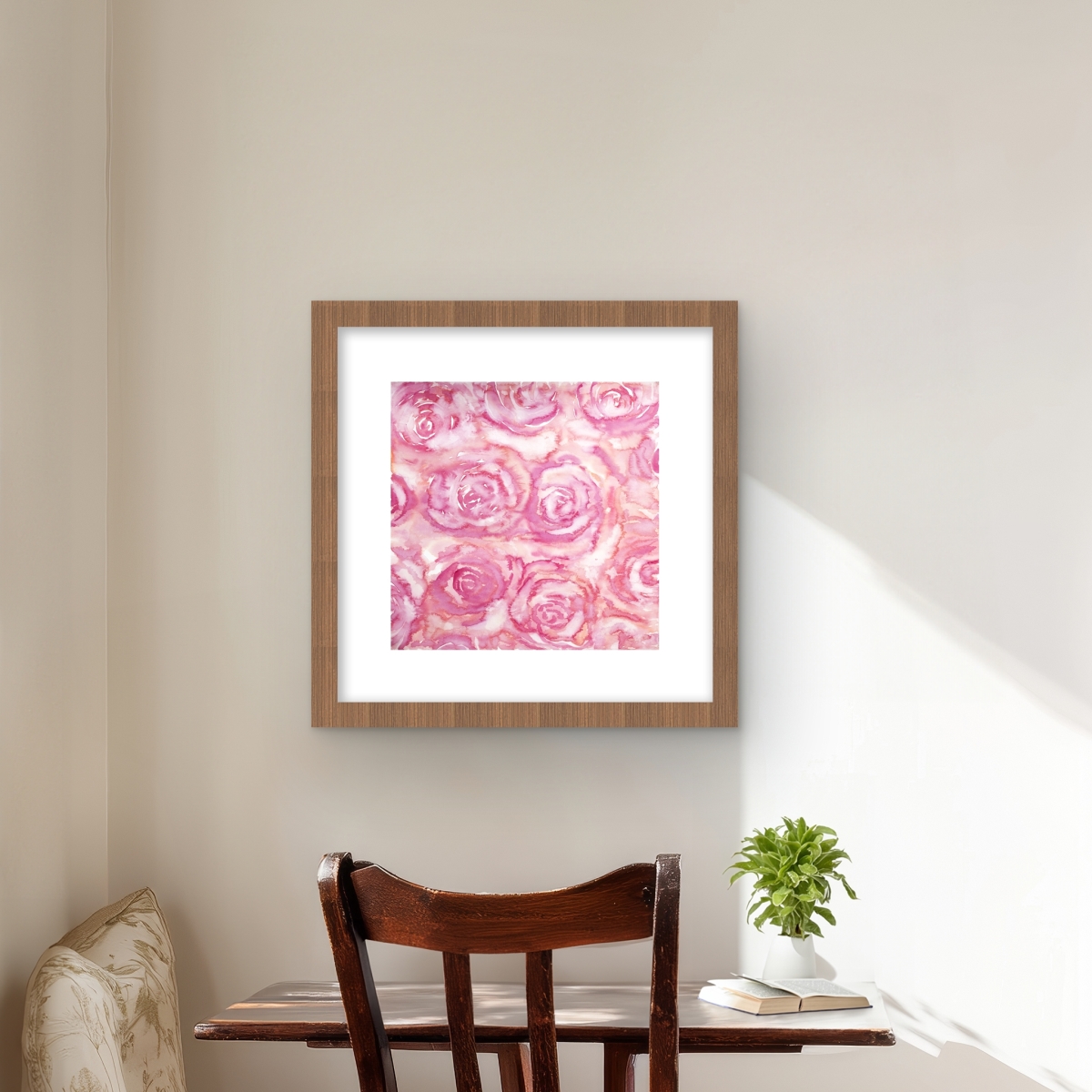 C1FM1616F2MCHV 16 x 16 in. Bouquet of Roses in Watercolor - Pink Flowers Framed Print