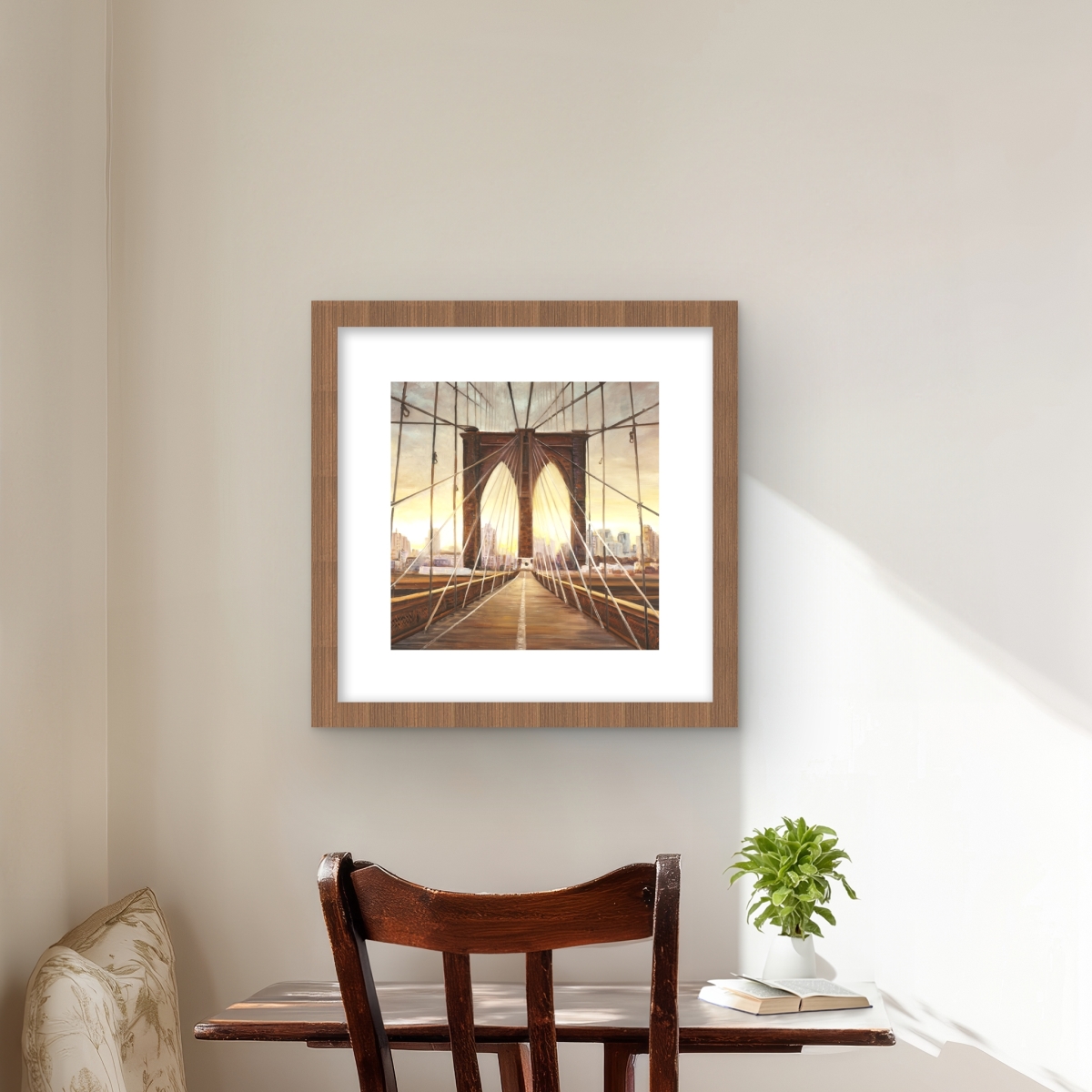 C1FM1616O2TENE 16 x 16 in. Sunset on the Brooklyn Bridge - Hyperrealist Framed Print