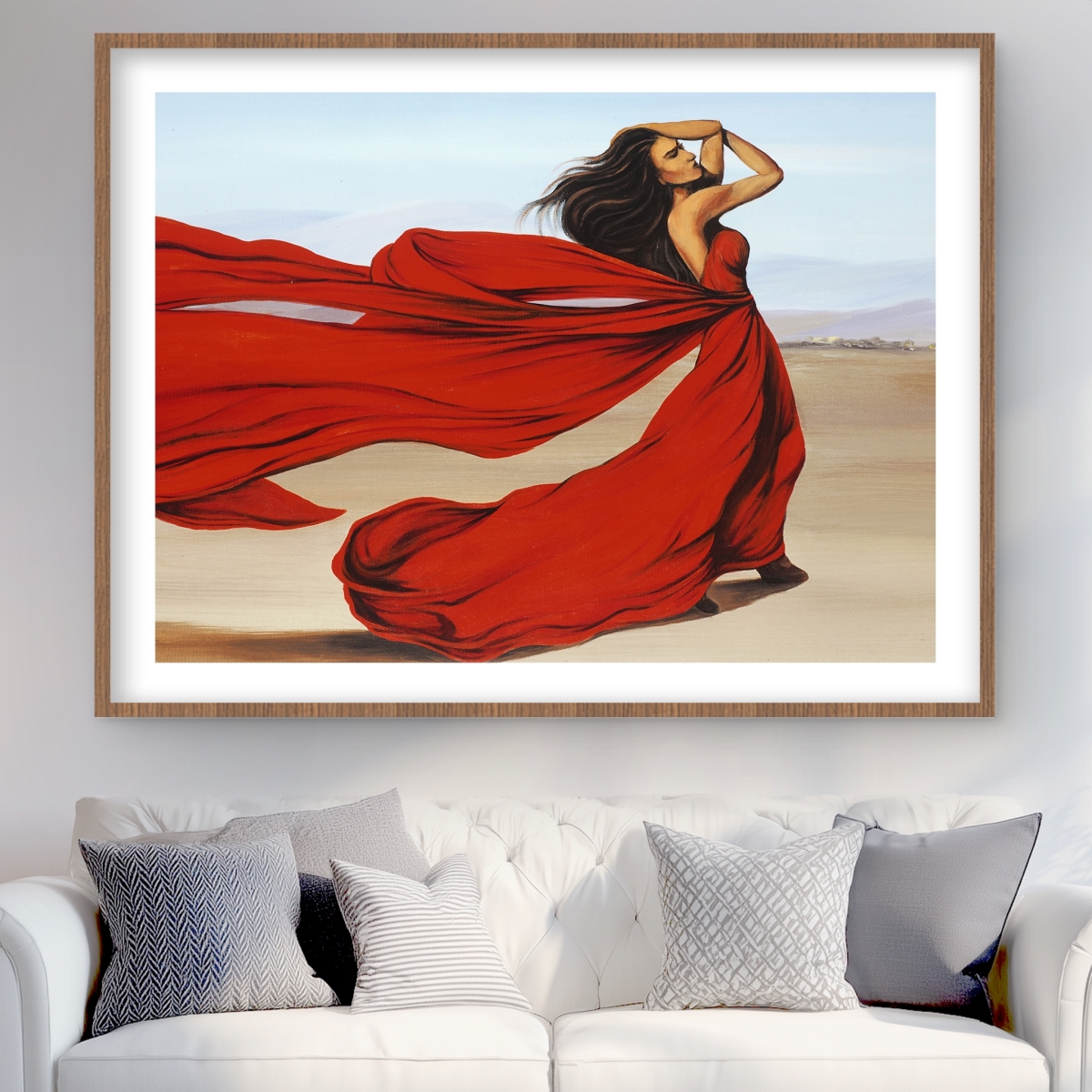 C1FM3648C41060 36 x 48 in. Woman with Long Red Dress in Desert - Red Beach Framed Print