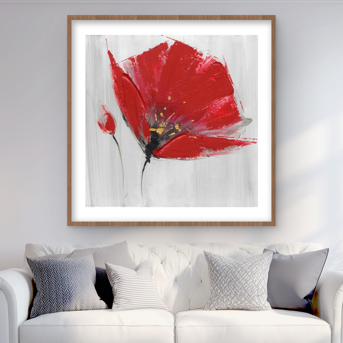 C1FM3636FDDMHT 36 x 36 in. Two Red Flowers on Gray Background - Framed Botanical Print