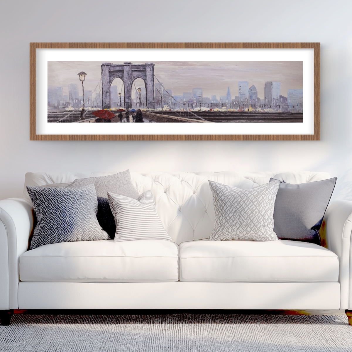 C1FM2060HOA3WB 20 x 60 in. Brooklyn Bridge with Passersby - Black Bridge Framed Print