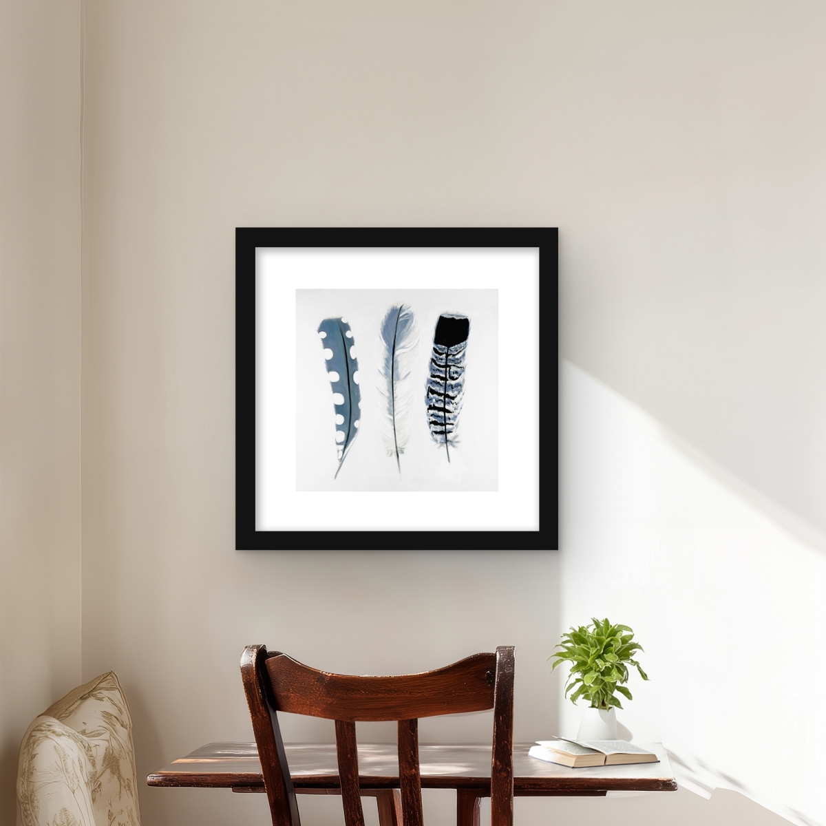 C1FM16167PN2EG 16 x 16 in. Delicate Blue Feathers - Framed Matted Print for Home Decor