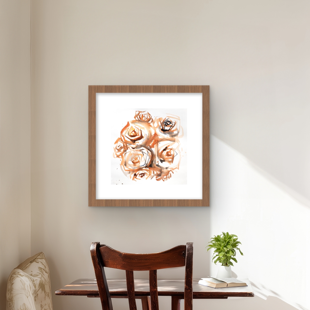 C1FM1616GOW7NF 16 x 16 in. Sepia Style Abstract Roses Bundle - Brown Framed Print Decor