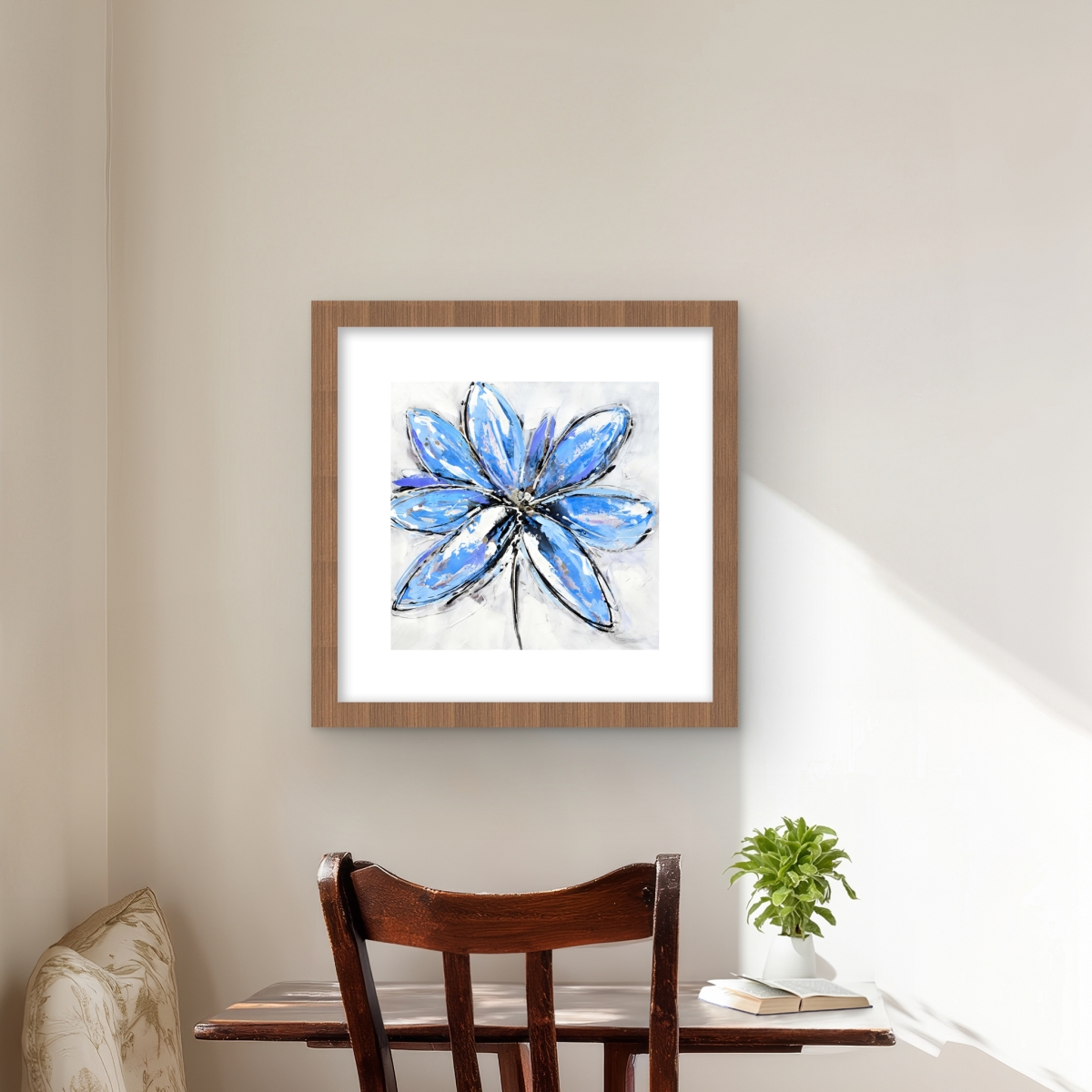 C1FM1616BFIMPL 16 x 16 in. Blue Flower - Contemporary Bathroom Framed Matted Print