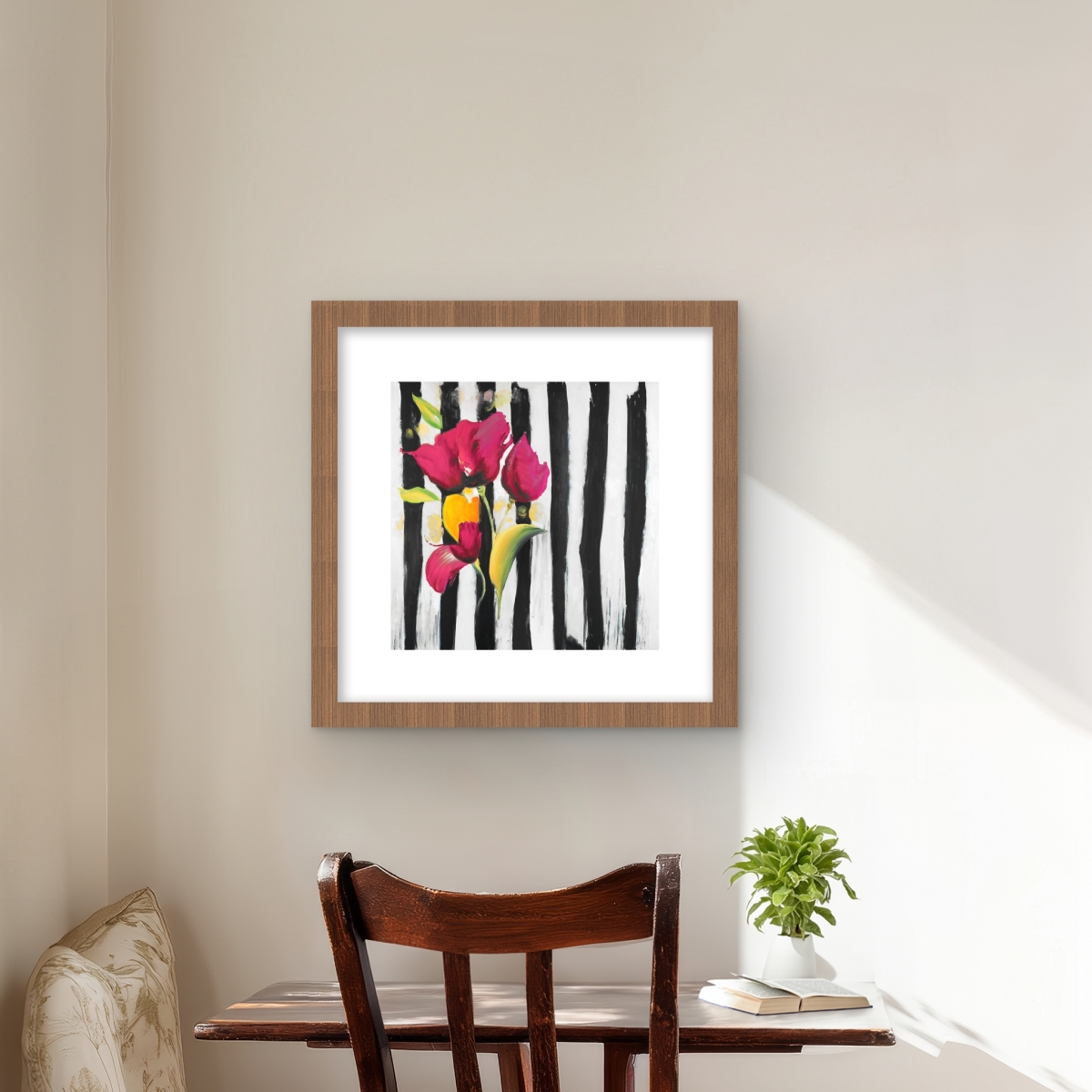 C1FM1616ODRM5W 16 x 16 in. Pink Flowers on Black Stripes - Floral White Framed Print