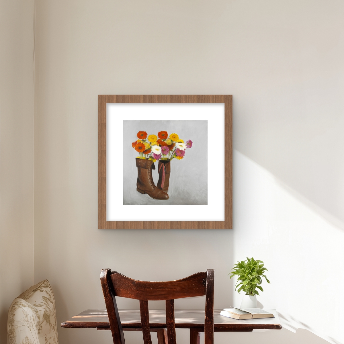 C1FM16164DPRH9 16 x 16 in. Boots with Daisies Flowers - Still Life Gray Framed Print