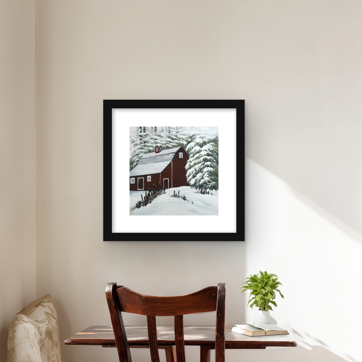 C1FM1616YRMGMZ 16 x 16 in. Red Barn in Snow - Rustic Framed Matted Print for Decor