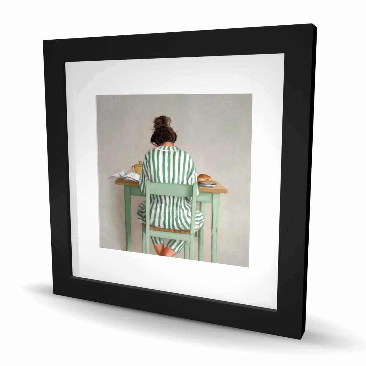 C1FM16167Z101E 16 x 16 in. Book At Breakfast - Figurative Green Framed Matted Print