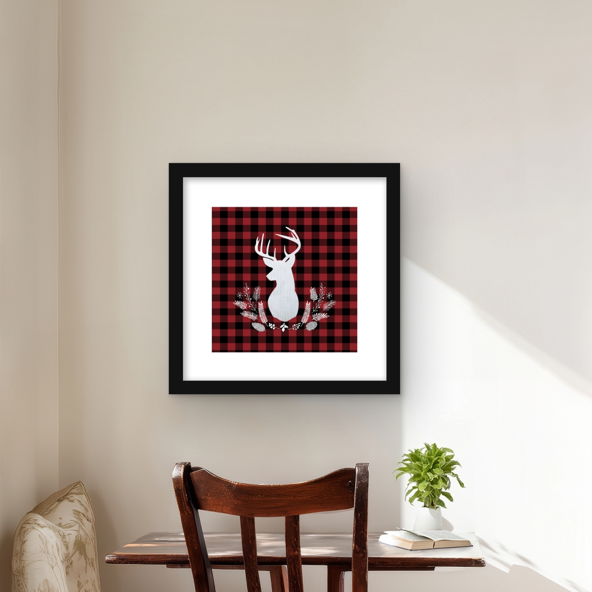 C1FM1616S3E1O8 16 x 16 in. Deer Plaid - Pattern Holidays Framed Matted Print for Decor
