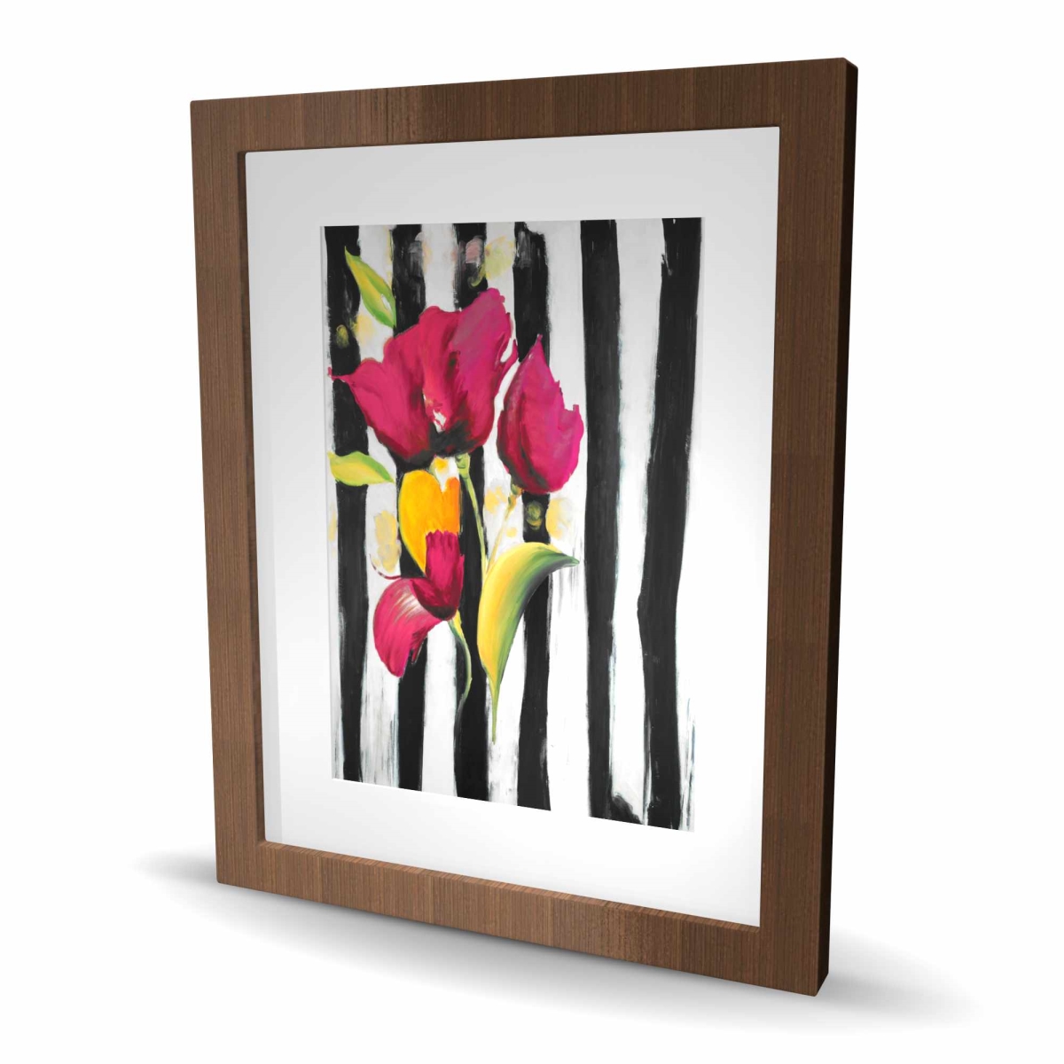 C1FM16205SLY1M 16 x 20 in. Pink Flowers on Black Stripes - Floral Framed Print Decor
