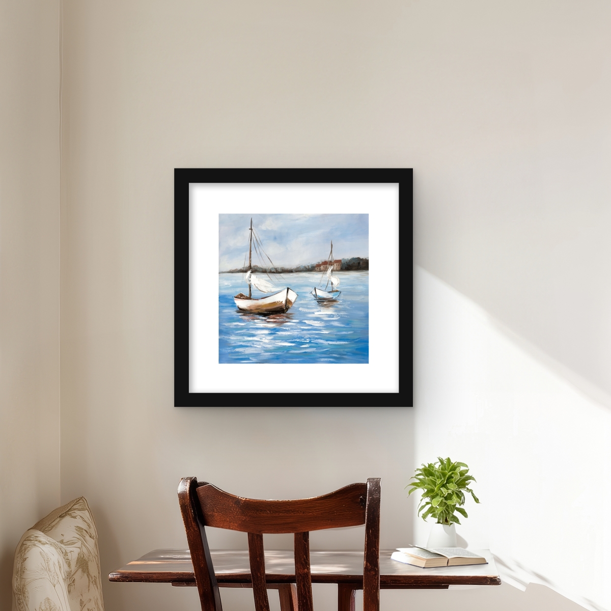 C1FM1616WMYY89 16 x 16 in. Two Boats on the Water - Waves Blue Framed Matted Print