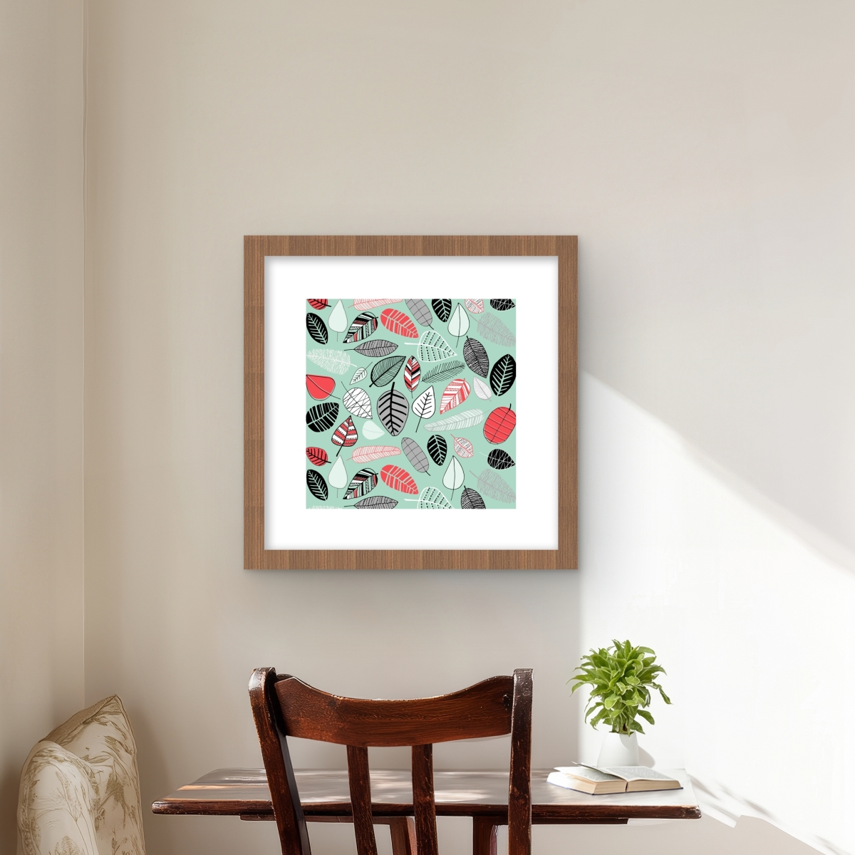 C1FM1616206JOM 16 x 16 in. Turquoise Leaf Patterns - Framed Matted Print for Home Decor