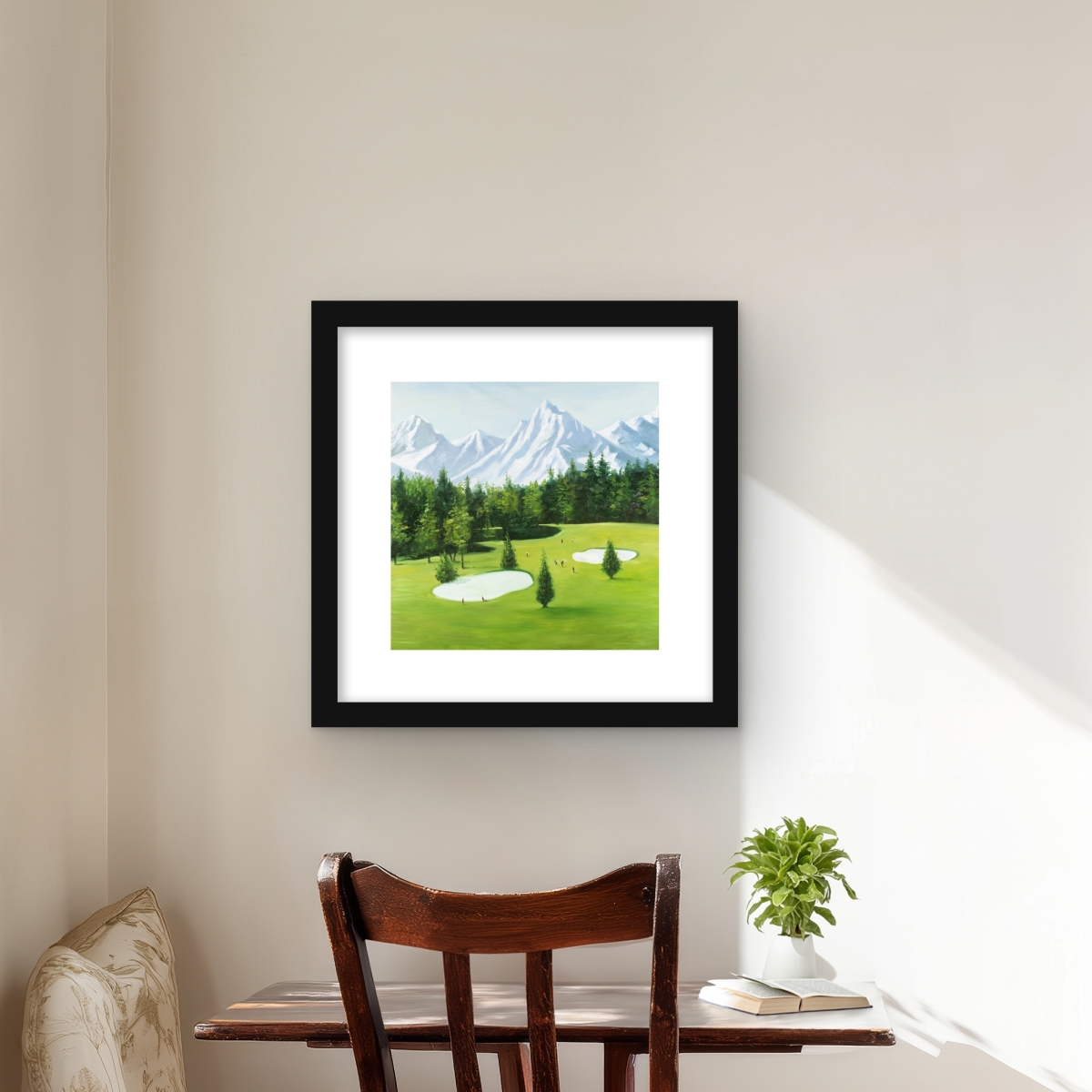 C1FM16161KKZ04 16 x 16 in. Golf Course with Mountains View - Framed Matted Print Decor