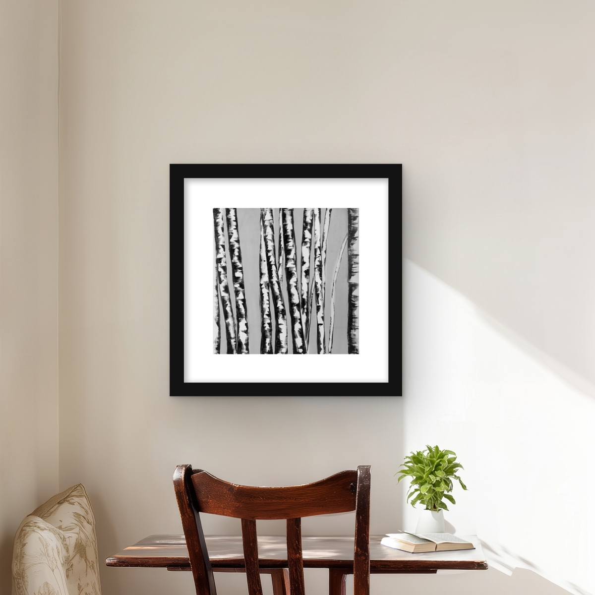 C1FM1616QM8Z7V 16 x 16 in. Birches Intersecting - Trees Bedroom Framed Matted Print
