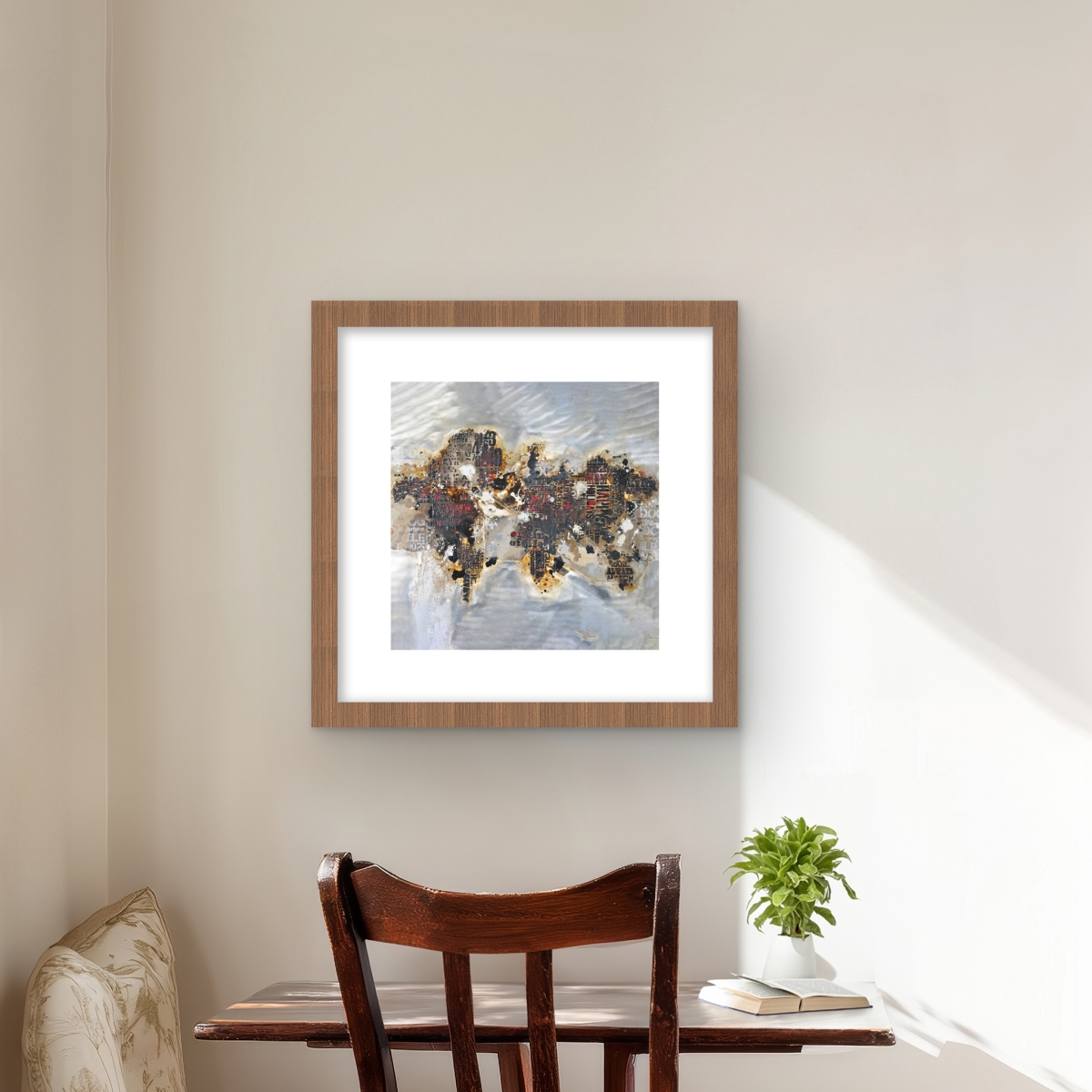 C1FM161677QKWW 16 x 16 in. Texturized World Map with Typography - Brown Framed Print
