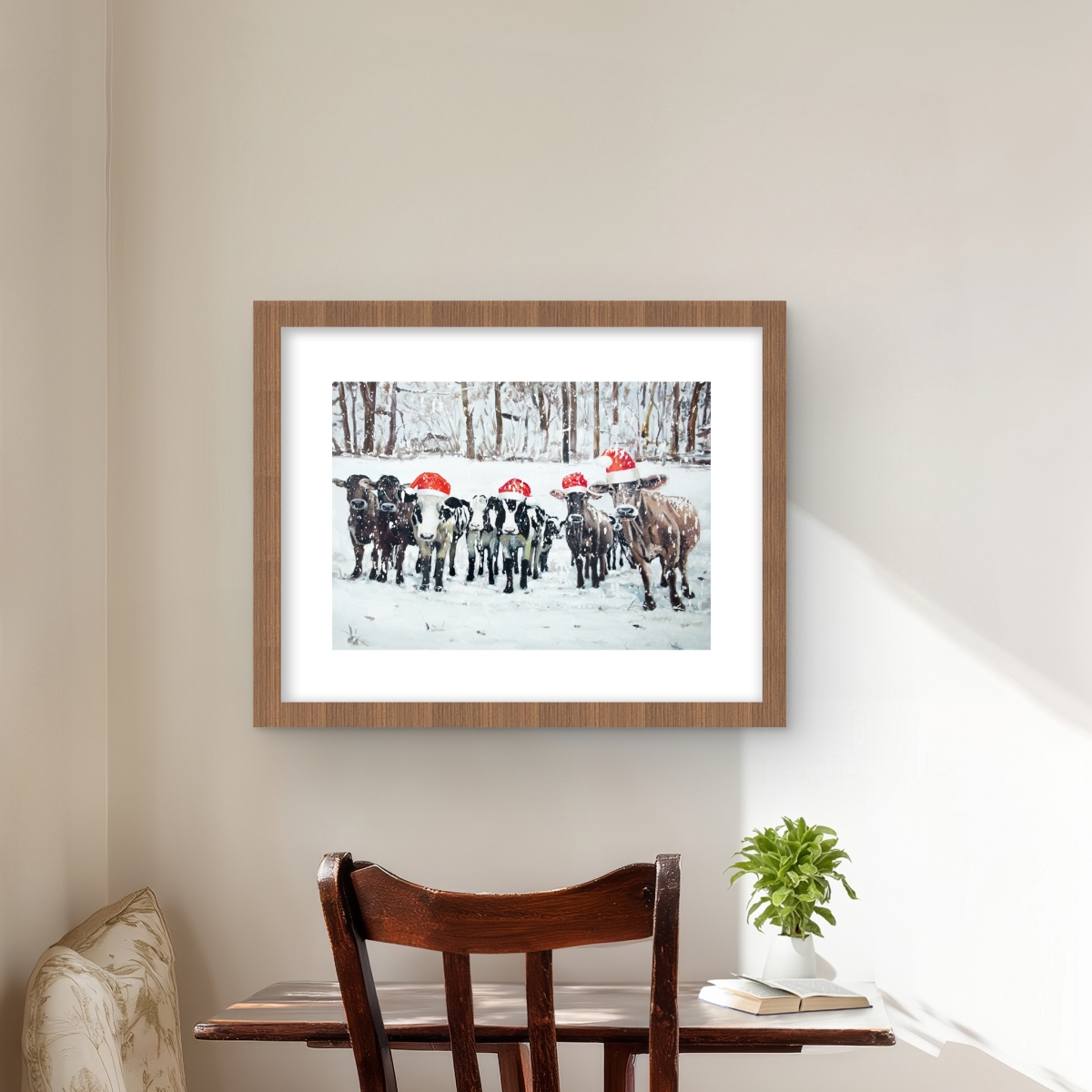 C1FM16200YIDLZ 16 x 20 in. Curious Christmas Cows - Rustic Framed Matted Print Decor