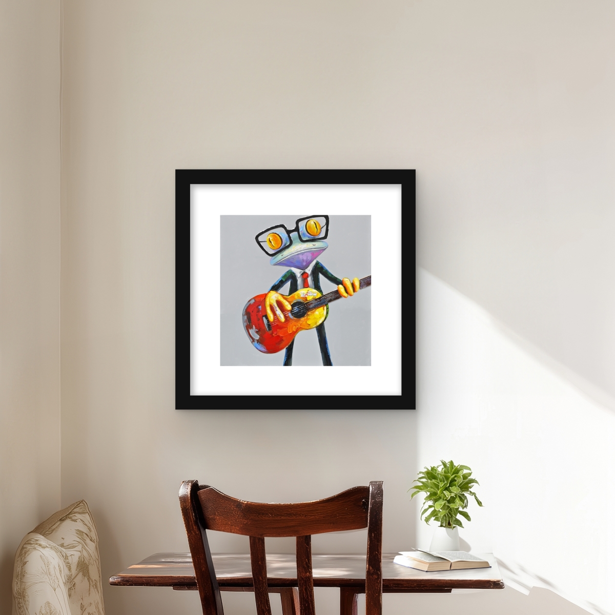 C1FM161616D2DF 16 x 16 in. Funny Frog Playing Guitar - Framed Matted Print - Home Decor