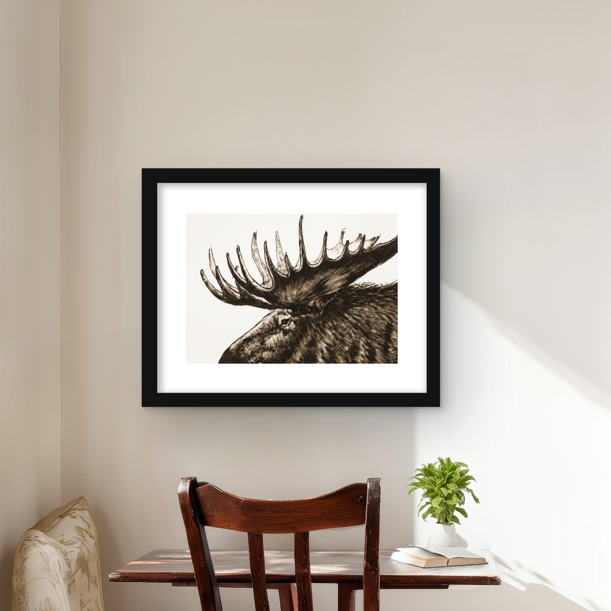 C1FM1620GLNPUQ 16 x 20 in. Moose Plume Sepia - Rustic Deer Framed Matted Print Decor