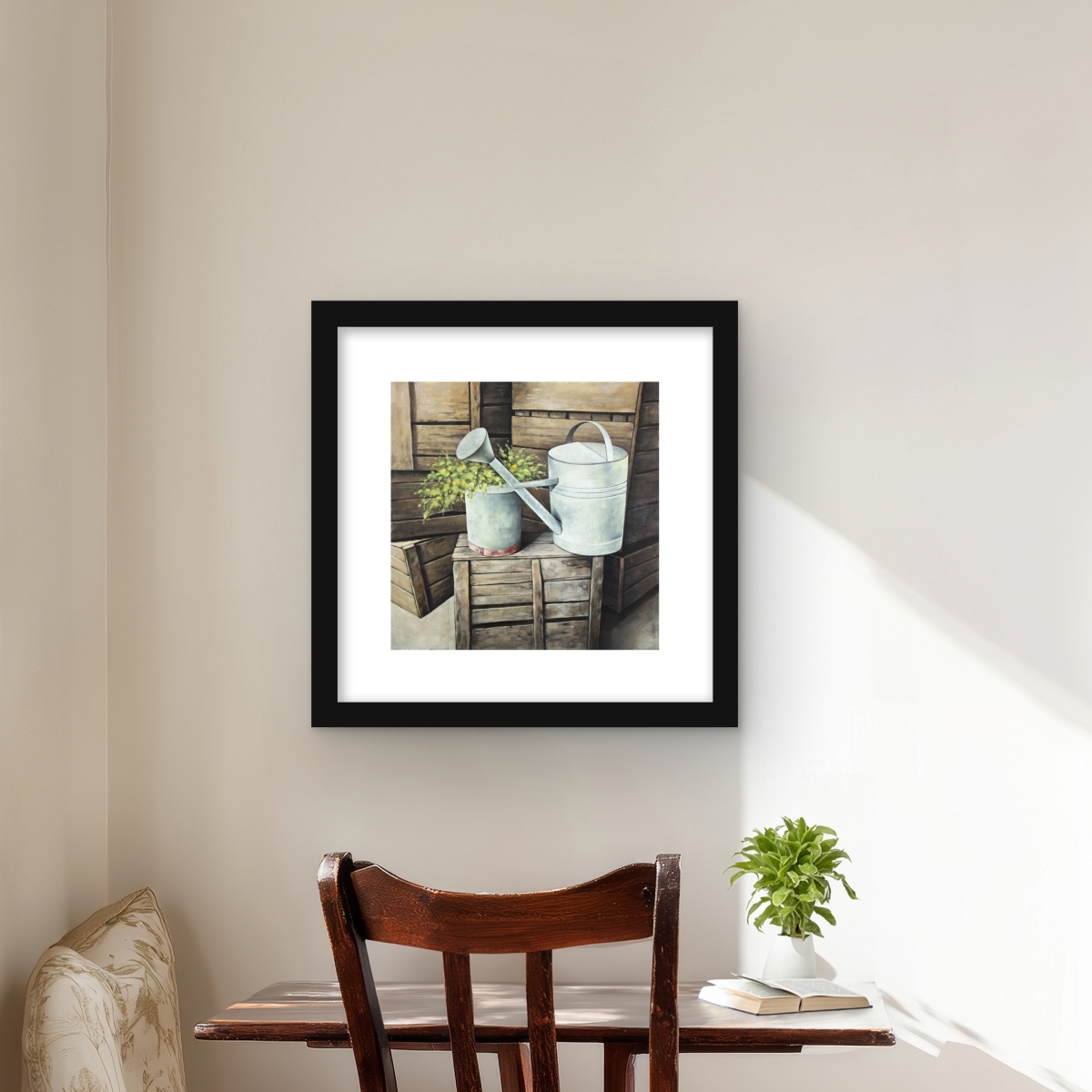 C1FM16161L4PI3 16 x 16 in. Vintage Watering Can - Flowers Still Life Framed Print Decor