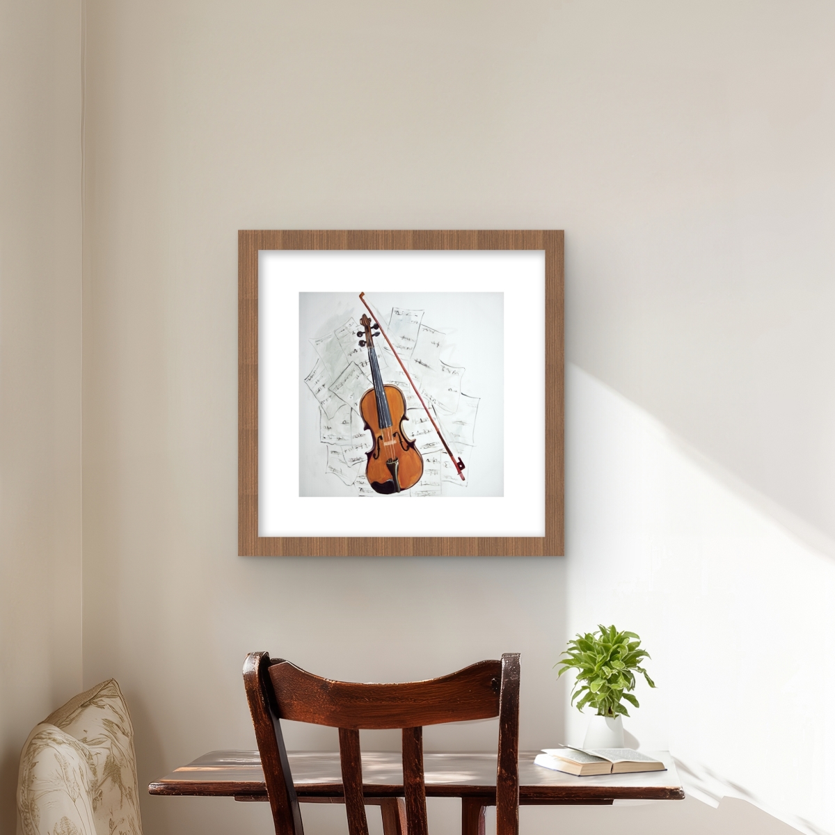 C1FM1616QWC7HN 16 x 16 in. Violin on Music Sheet - Framed Matted Print for Home Decor
