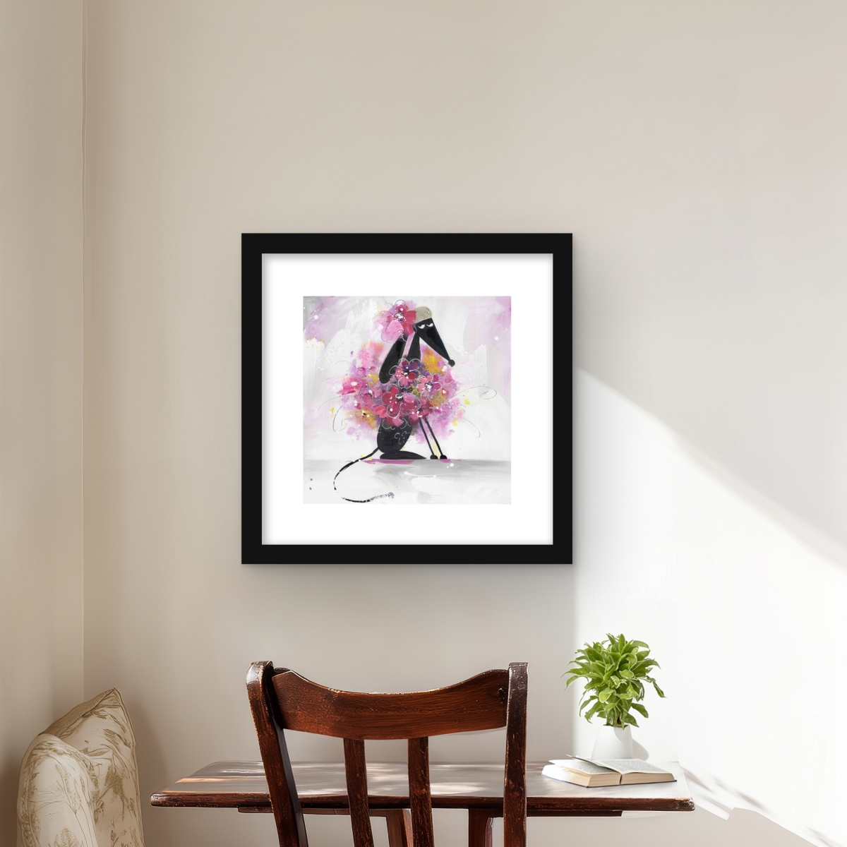 C1FM1616RLDKRL 16 x 16 in. Cartoon Dog with Pink Flowers - Bedroom Pets Framed Print