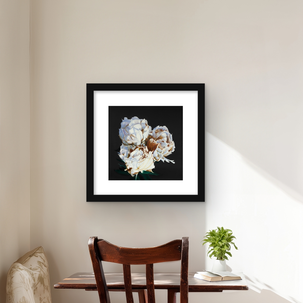 C1FM16167BPR3I 16 x 16 in. Blooming Peonies - Romantic White Framed Matted Print Decor