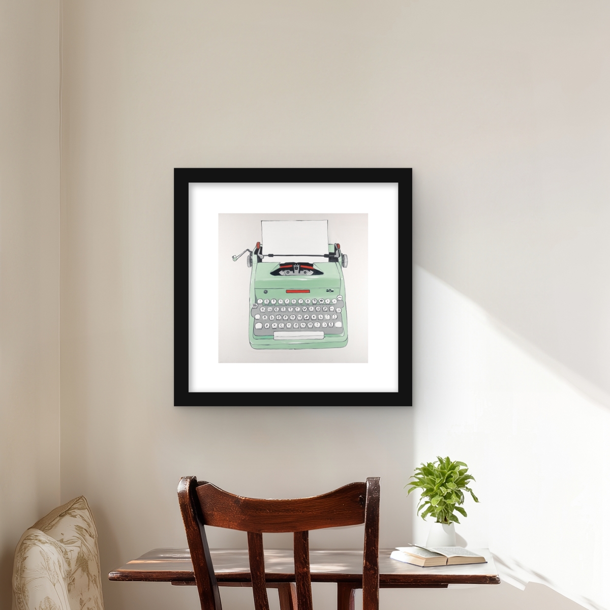 C1FM1616BZ5UXI 16 x 16 in. Mint Typewriter Framed Matted Print - Office Decor for Home