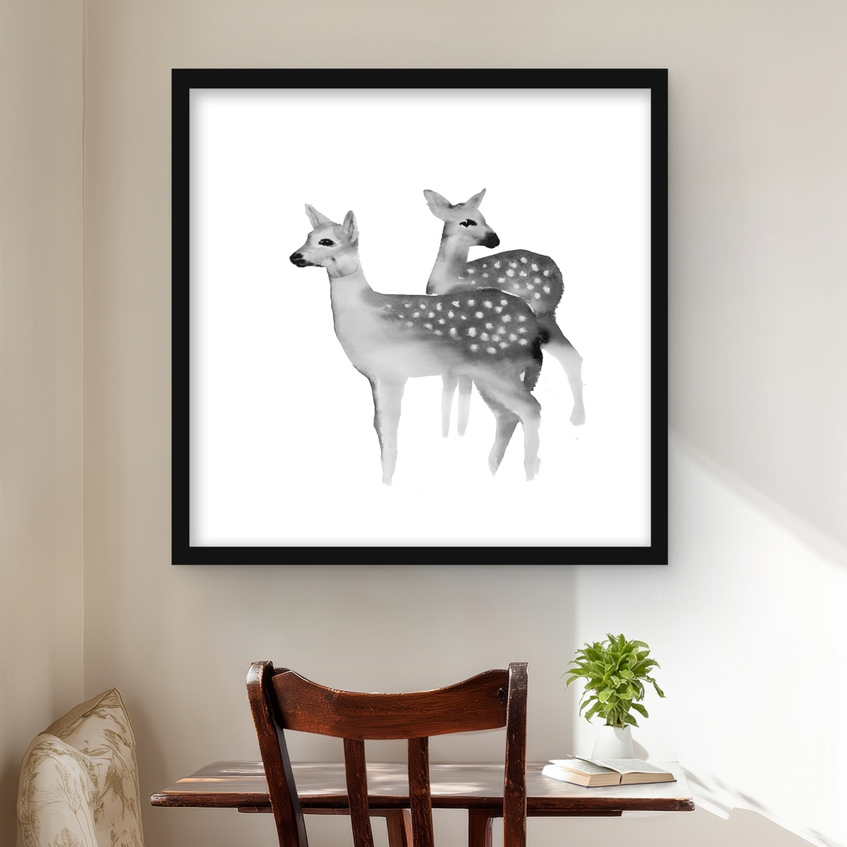 C1FM24242I3B3Z 24 x 24 in. Faon Black & White - Deer Holidays Framed Matted Print