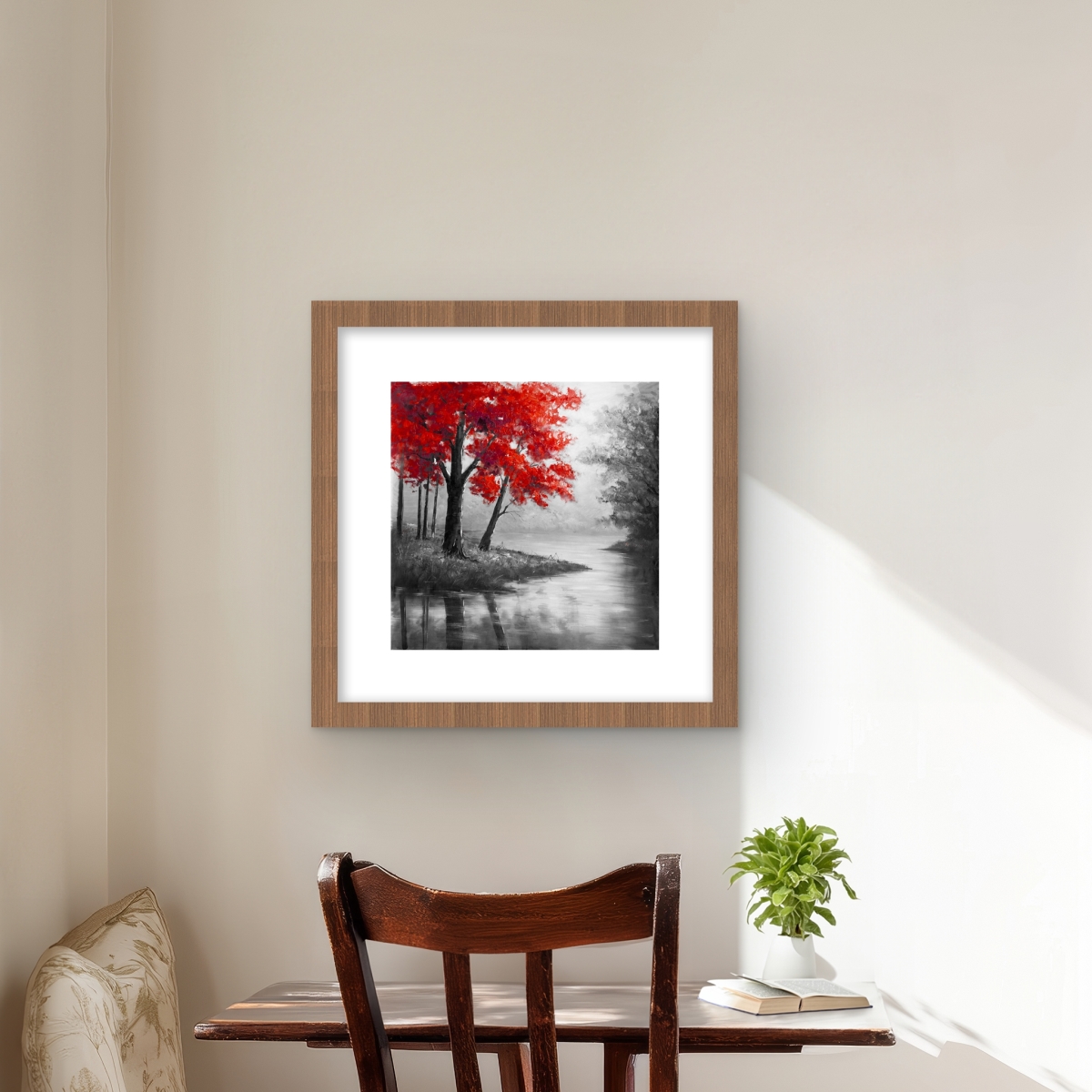 C1FM1616VR2J3D 16 x 16 in. Red Trees & Lake - Contemporary Bedroom Framed Print