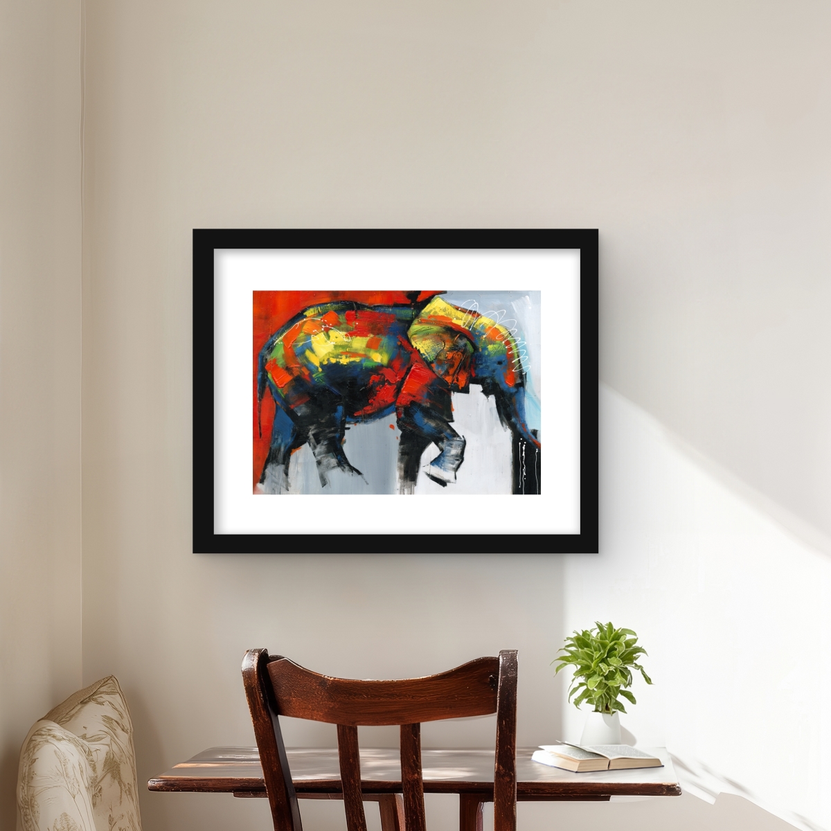 C1FM1620QRWP4E 16 x 20 in. Abstract Colorful Elephant in Motion - Framed Matted Print