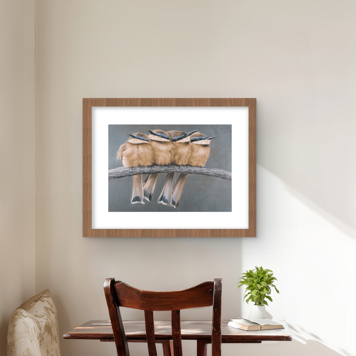 C1FM16208B8QFC 16 x 20 in. Four Birds on A Branch - Gray Exotic Framed Matted Print